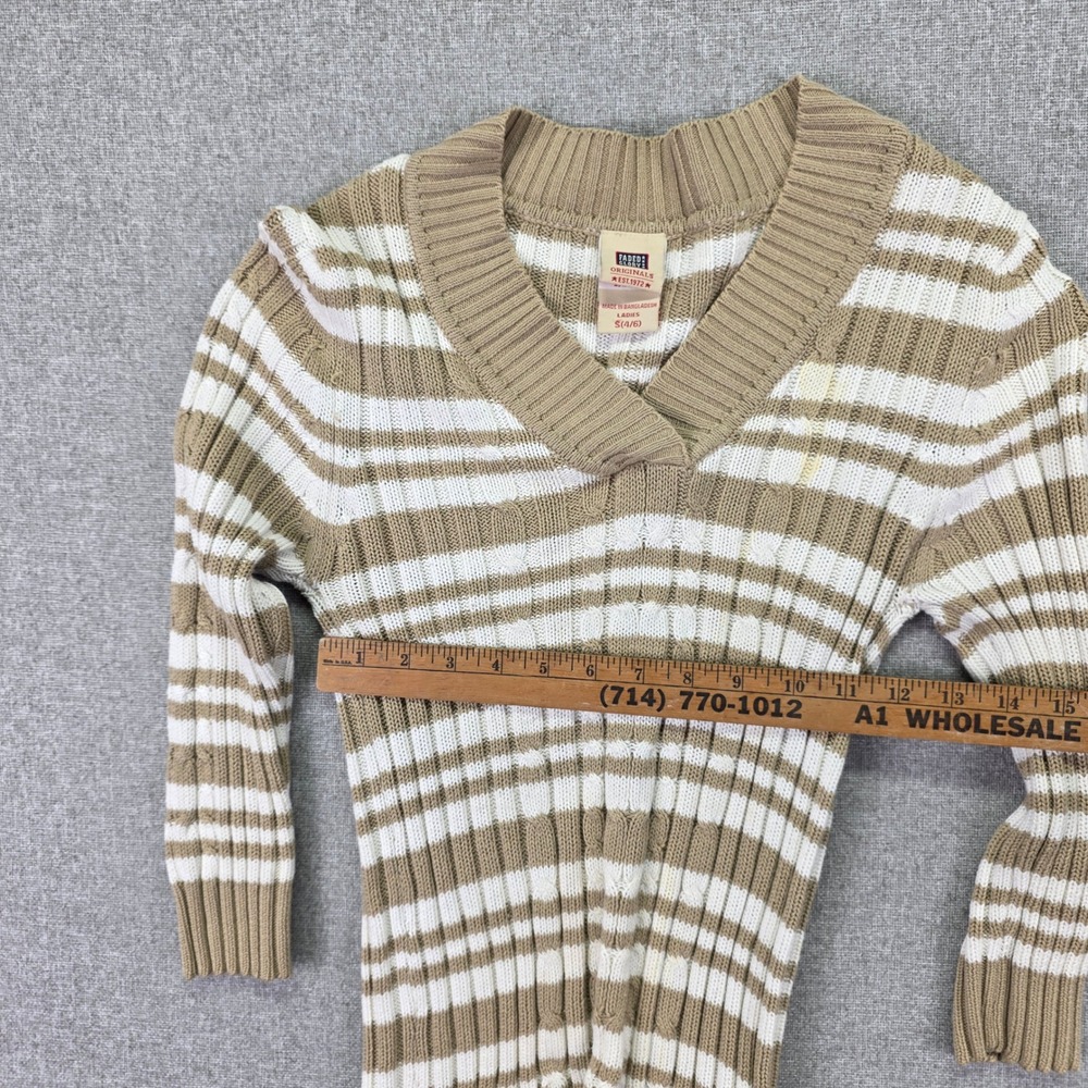 Preppy Y2K Womens S 4/6 Cream Coffee Stripe Cable Knit Sweater - Picture 3 of 7